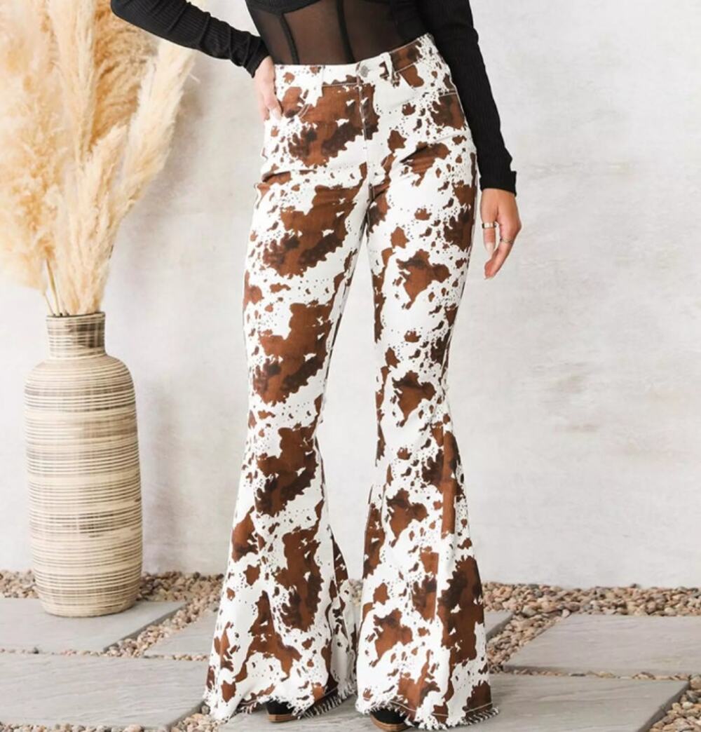 Saints & Hearts LARGE High Rise Extreme Flare Cow Print Raw Hem Cowgirl Jeans